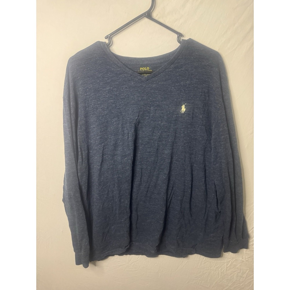 Polo Ralph Lauren T-Shirt Men Large Blue Long Sleeve V-Neck Pullover 100% Cotton